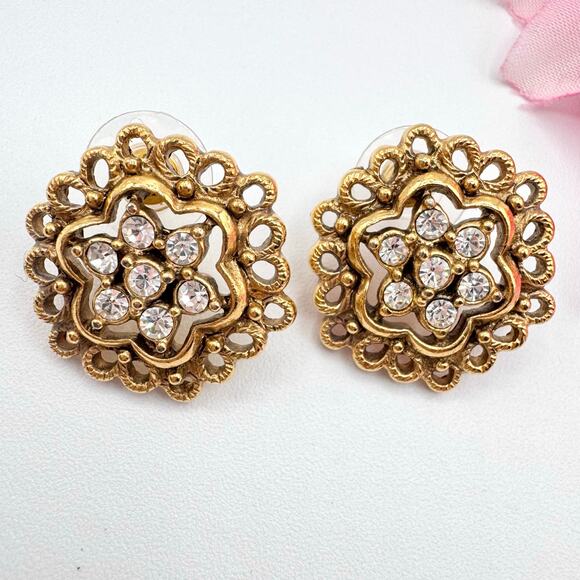 Vintage 1928 Crystal Rhinestone Filigree Lace Openwork Romantic Stud Earrings - Picture 1 of 9